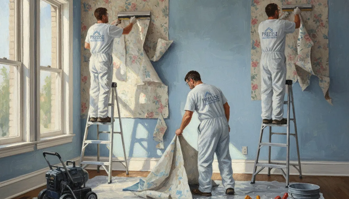 San Diego Paint Pros removing wallpaper in a San Diego, CA home before painting
